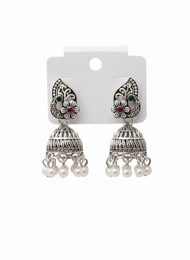 4-in-1 Ethnic Boho Collection: Oxidized Silver Jhumkas, Butterfly Drops & Leaf Ear Cuffs