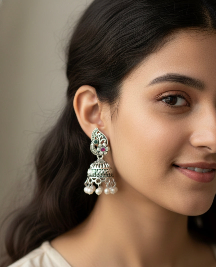 Oxidised Silver Floral Jhumka Earrings with Pearl Drops