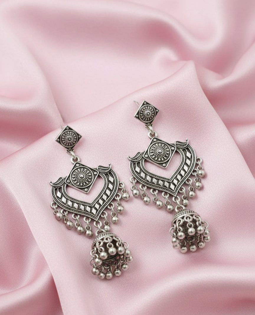 Premium Silver-Plated Oxidized Heart-Shaped Jhumka Earrings for Women (