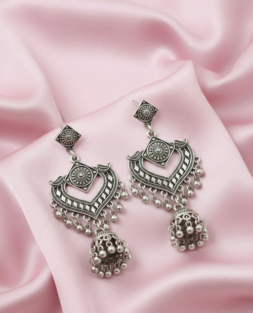 Premium Silver-Plated Oxidized Heart-Shaped Jhumka Earrings for Women (