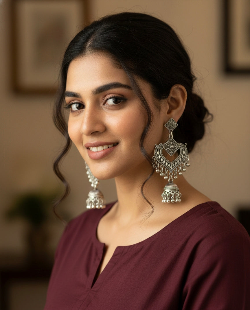 Premium Silver-Plated Oxidized Heart-Shaped Jhumka Earrings for Women (