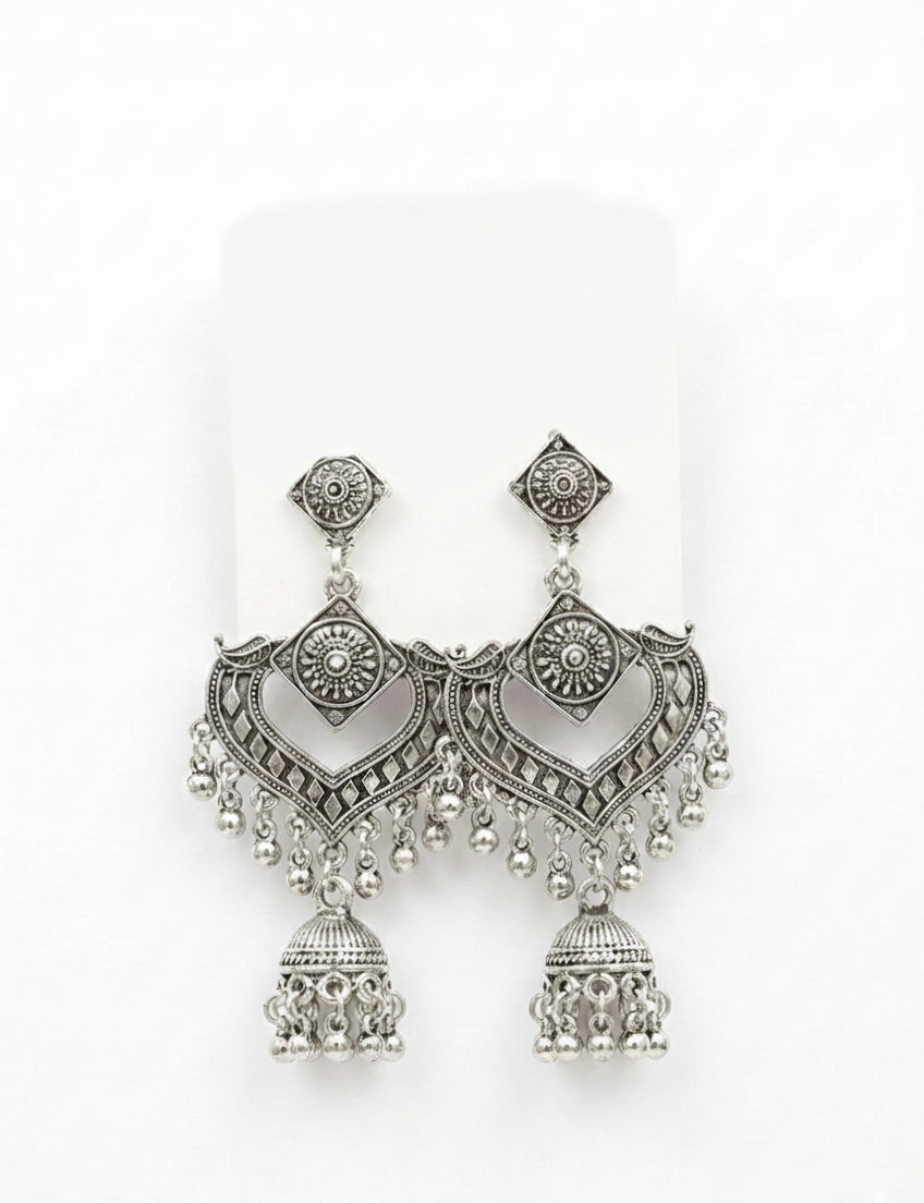 Premium Silver-Plated Oxidized Heart-Shaped Jhumka Earrings for Women (