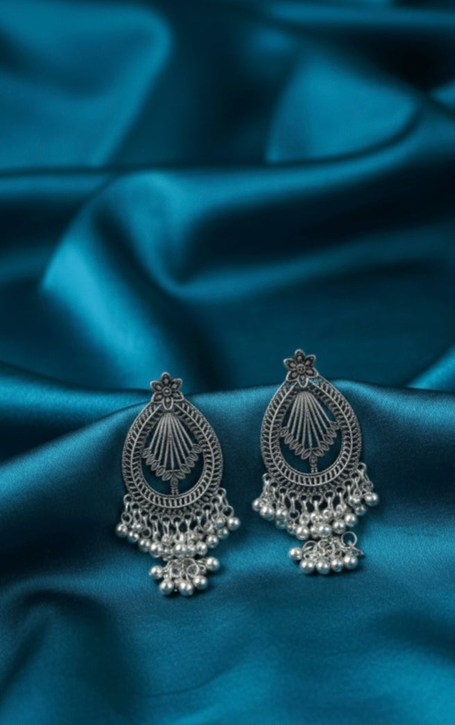 Silver-Toned Oxidized Teardrop Chandbali Earrings with Long Chain Ghungroo Tassels