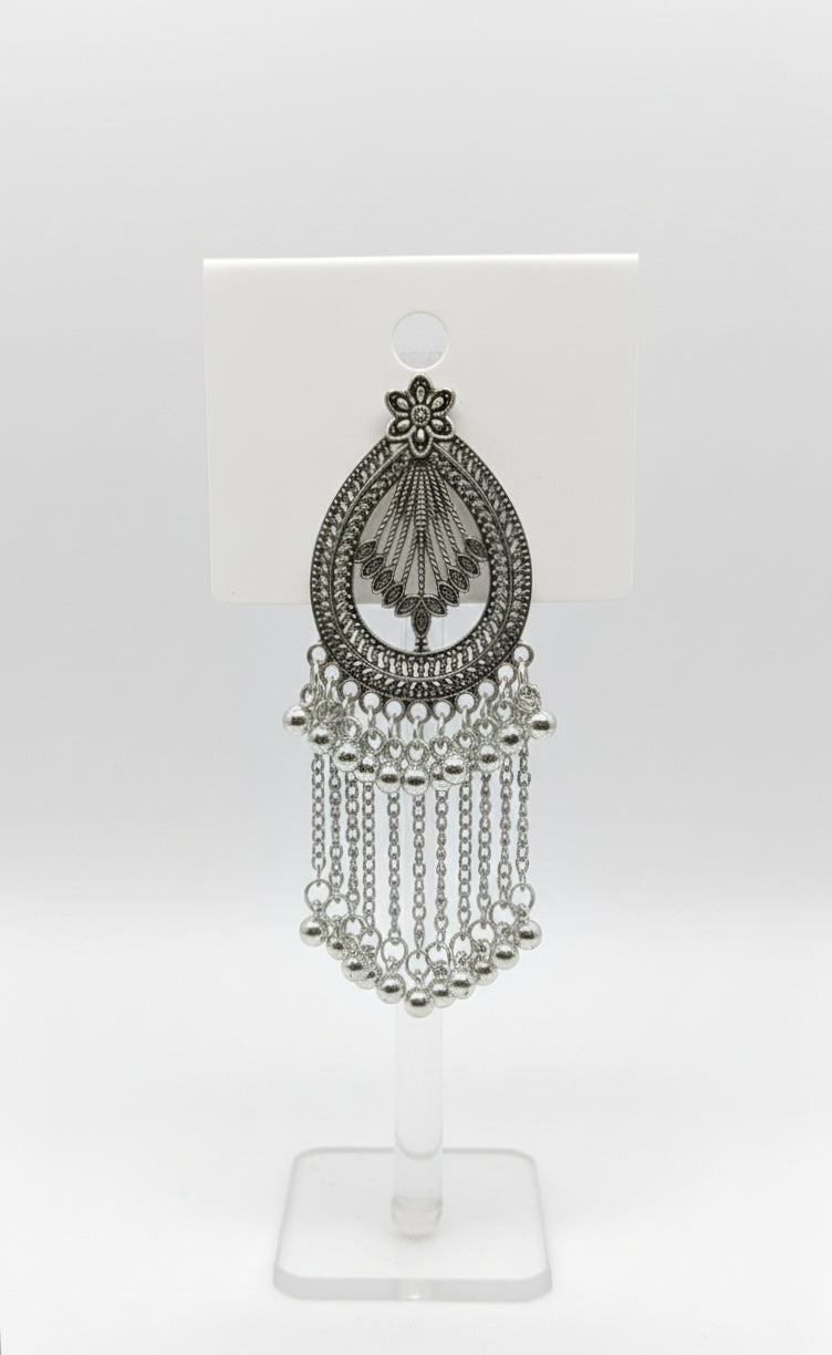 Silver-Toned Oxidized Teardrop Chandbali Earrings with Long Chain Ghungroo Tassels