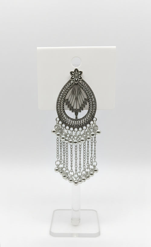 Silver-Toned Oxidized Teardrop Chandbali Earrings with Long Chain Ghungroo Tassels