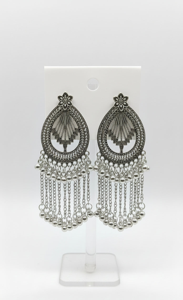 Silver-Toned Oxidized Teardrop Chandbali Earrings with Long Chain Ghungroo Tassels