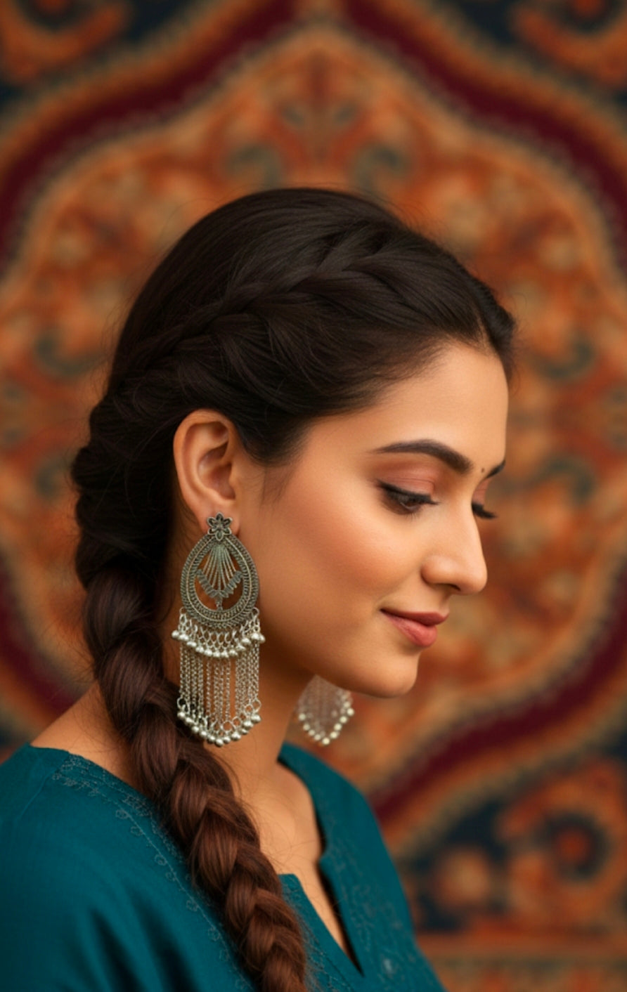 Silver-Toned Oxidized Teardrop Chandbali Earrings with Long Chain Ghungroo Tassels