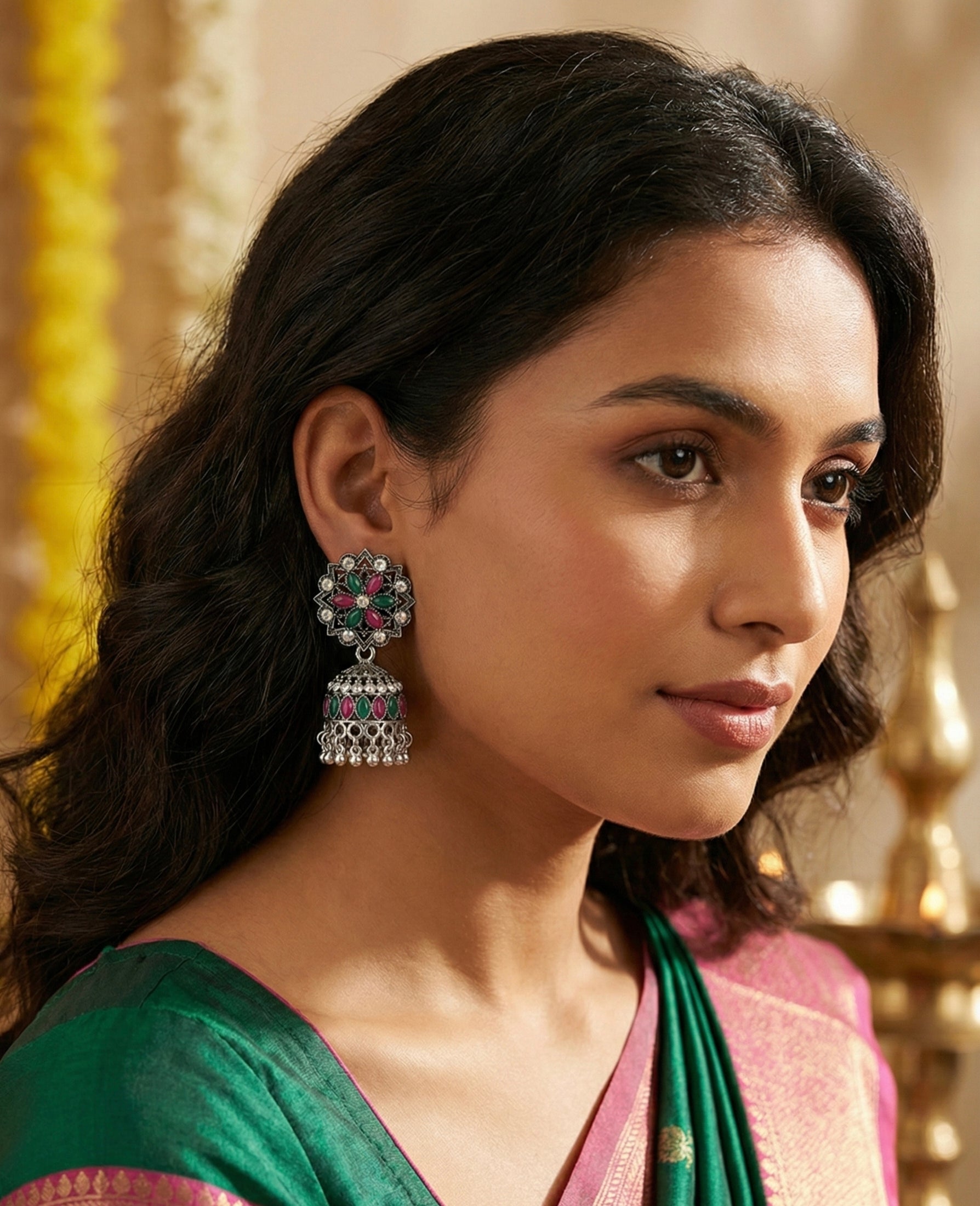 Traditional Oxidized Silver Floral Jhumka Earrings with Pink and Green Stones