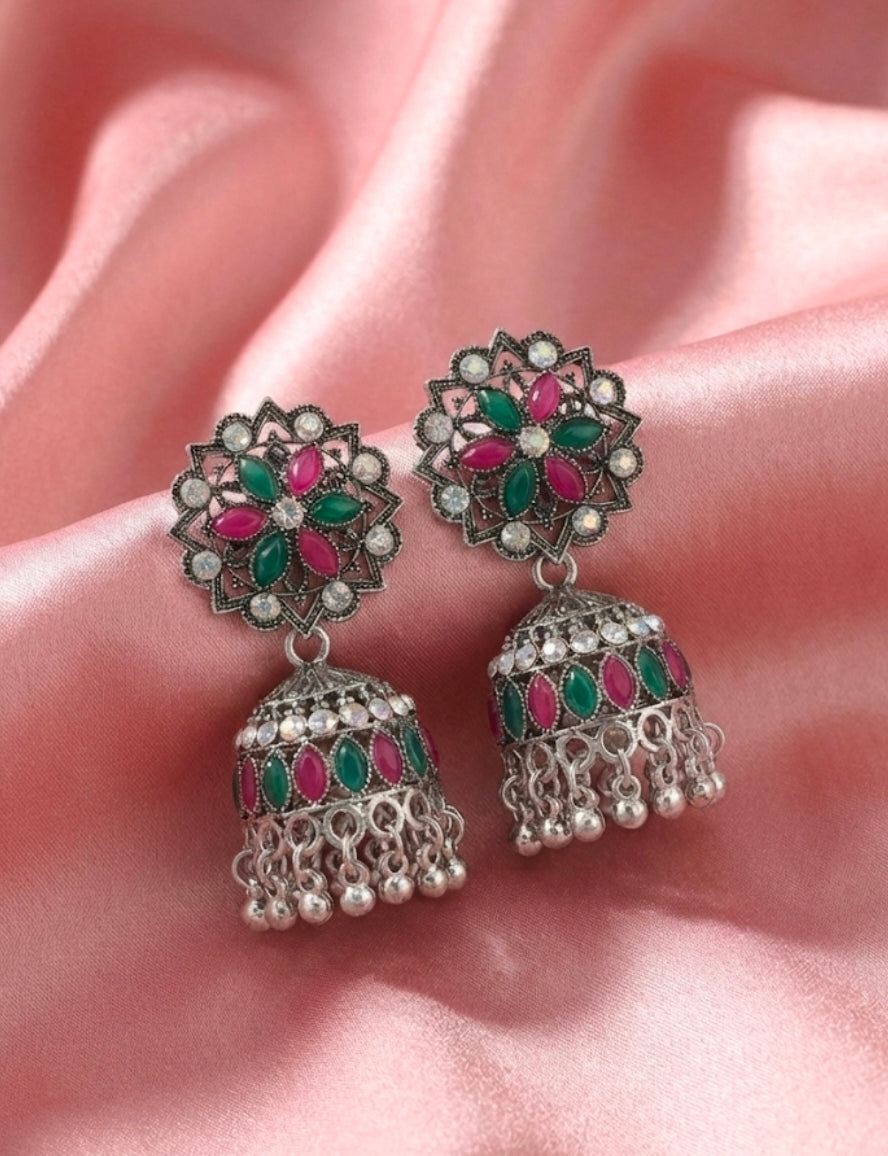 Traditional Oxidized Silver Floral Jhumka Earrings with Pink and Green Stones