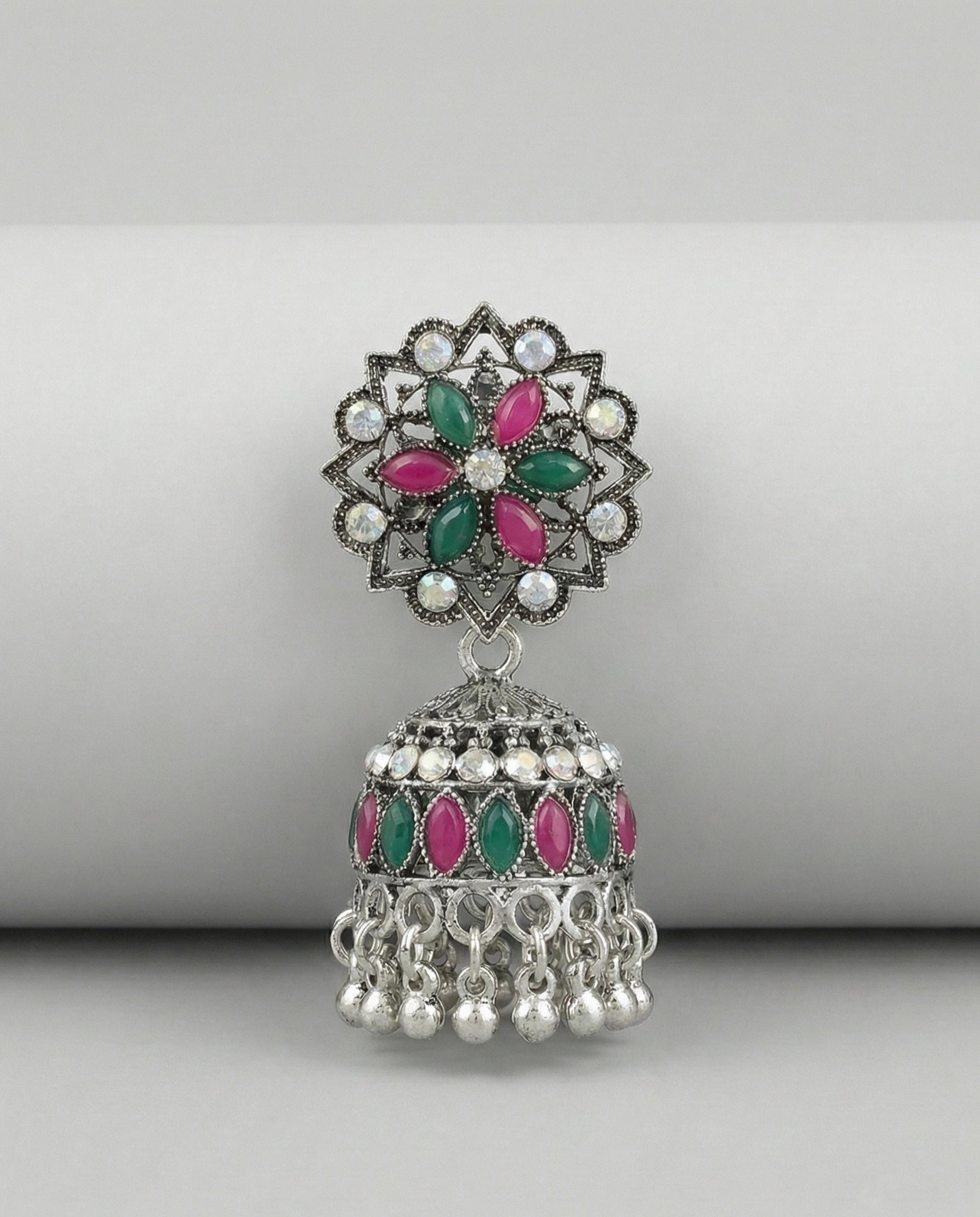 Traditional Oxidized Silver Floral Jhumka Earrings with Pink and Green Stones