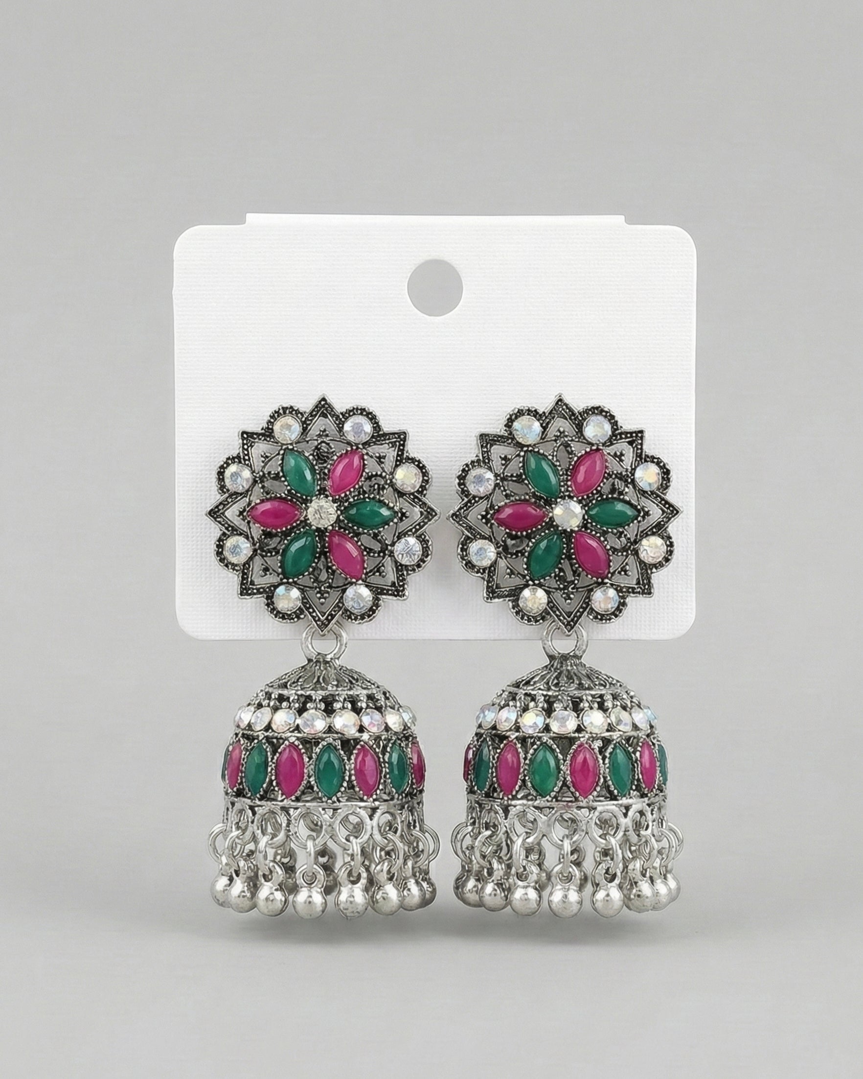 Traditional Oxidized Silver Floral Jhumka Earrings with Pink and Green Stones
