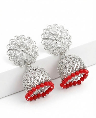 Oxidized Silver Floral Jhumka with Red Beads