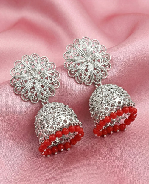 Oxidized Silver Floral Jhumka with Red Beads