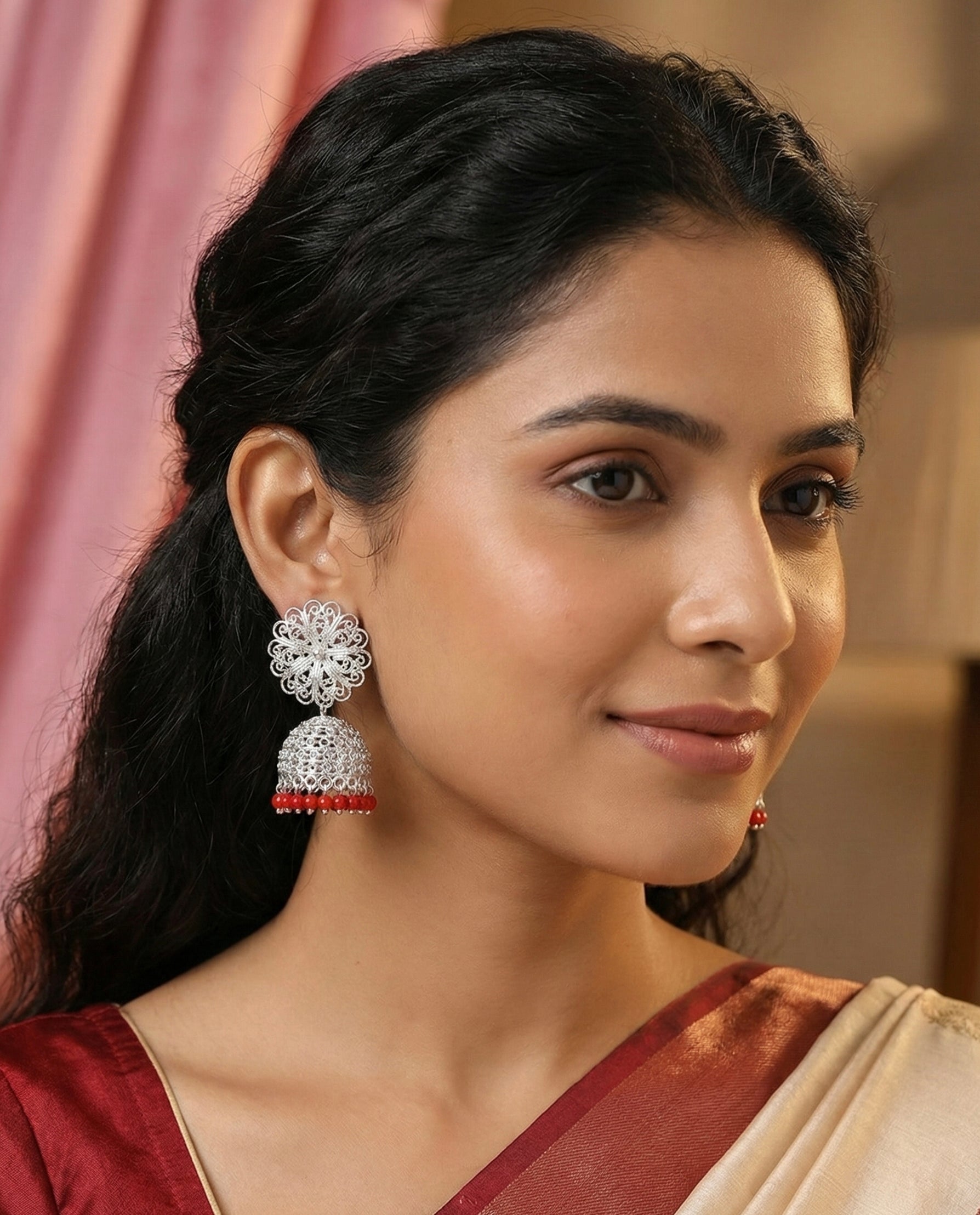 Oxidized Silver Floral Jhumka with Red Beads