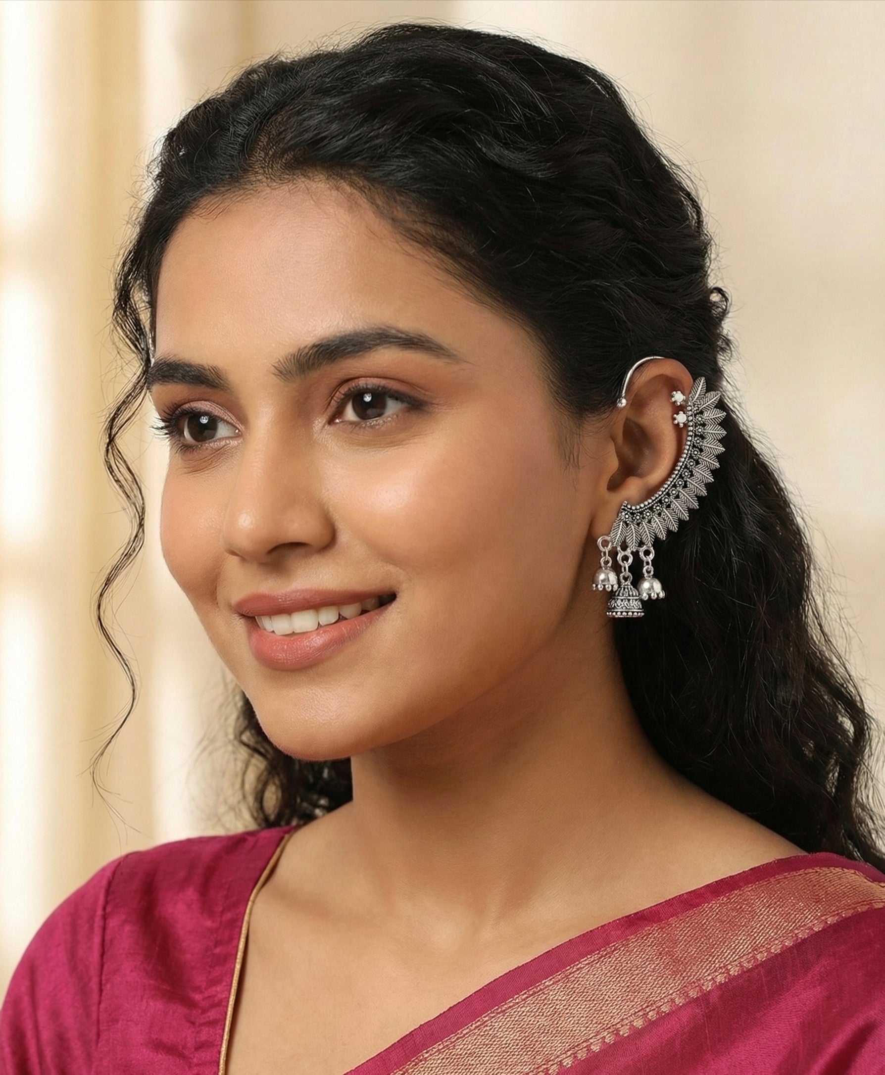 Stylish Silver Oxidized Leaf Ear Cuffs