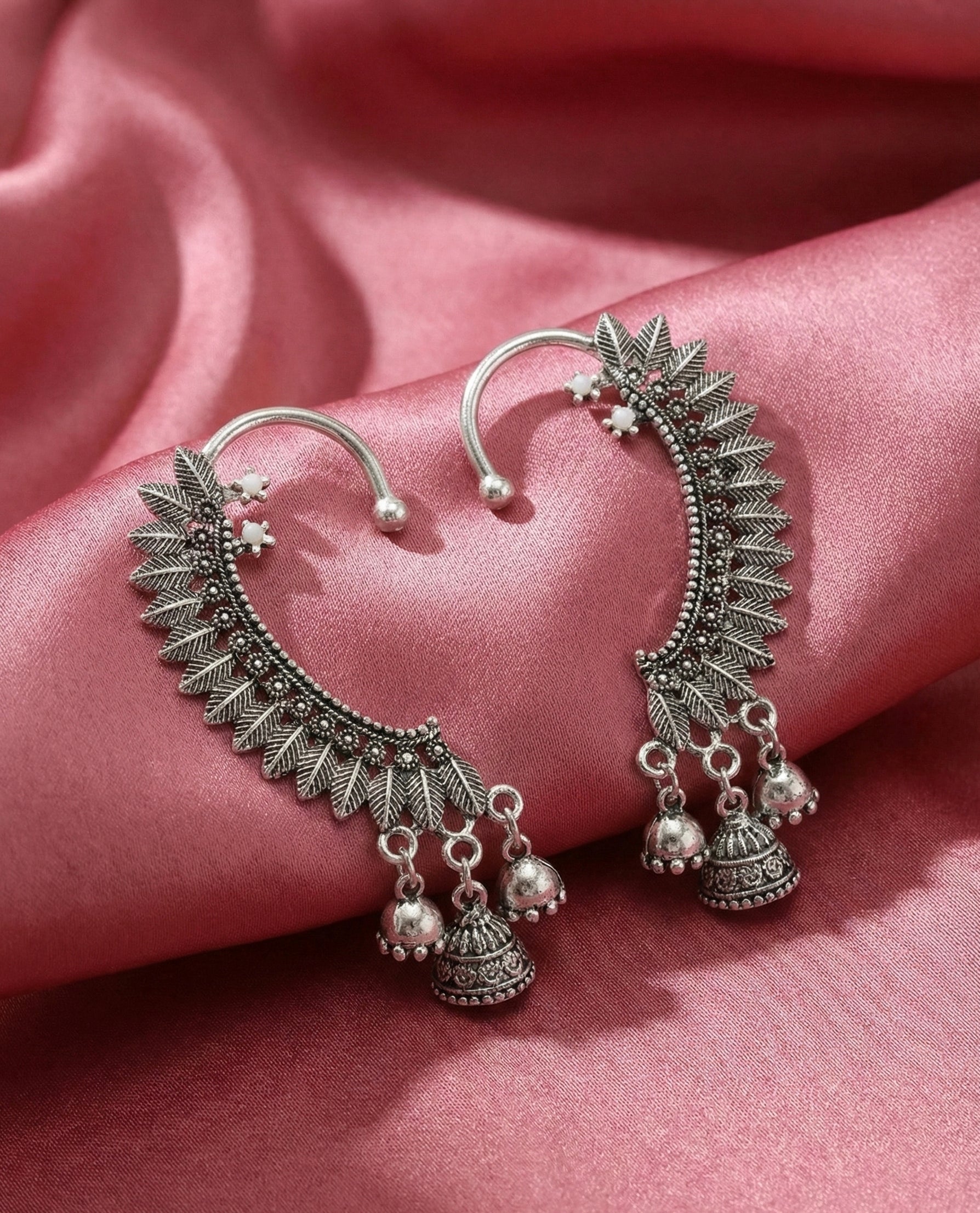 Stylish Silver Oxidized Leaf Ear Cuffs