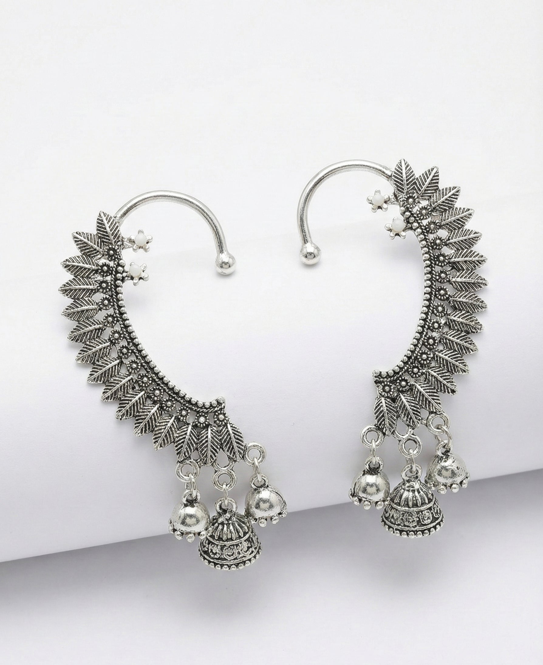 Stylish Silver Oxidized Leaf Ear Cuffs