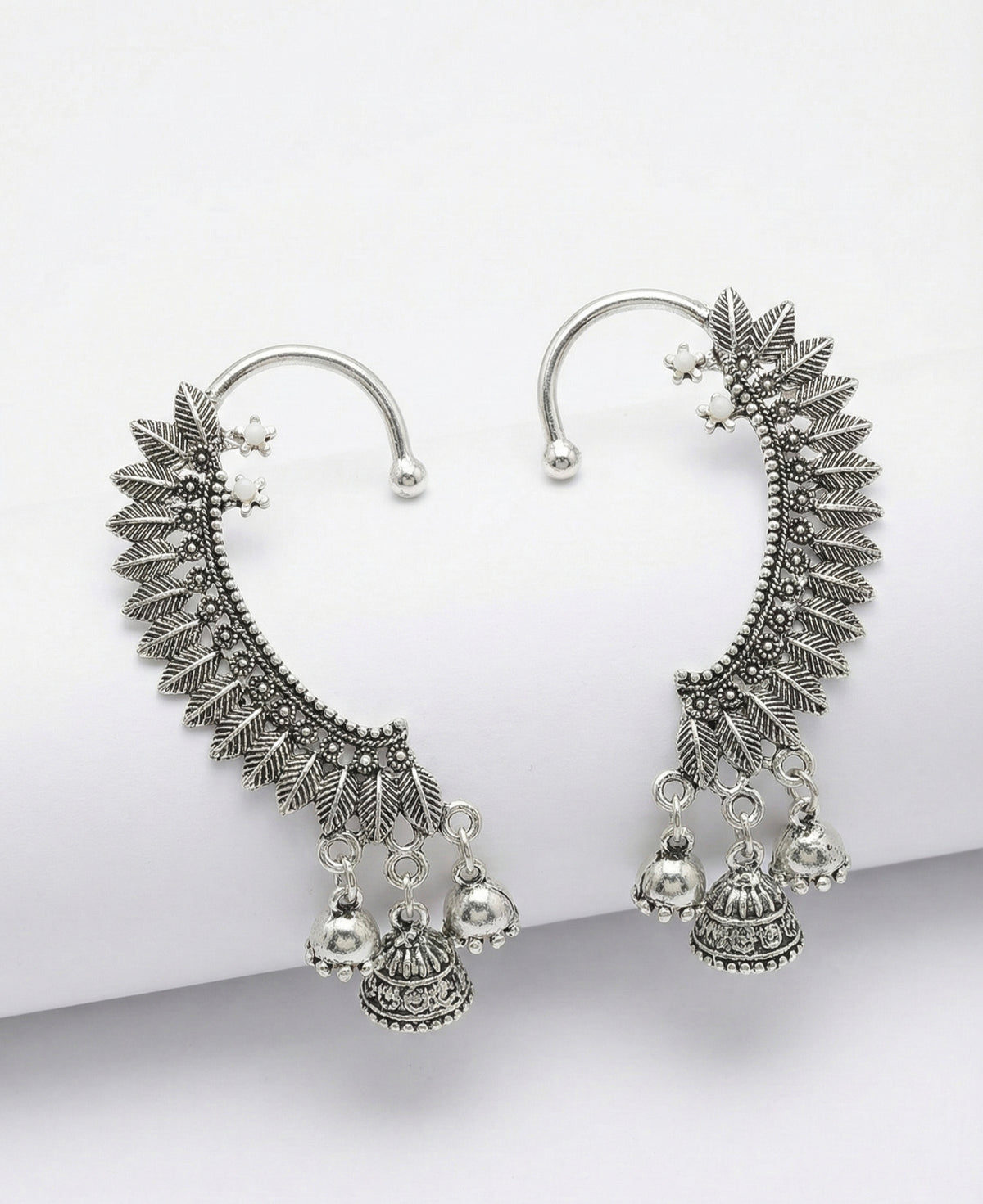 4-in-1 Ethnic Boho Collection: Oxidized Silver Jhumkas, Butterfly Drops & Leaf Ear Cuffs