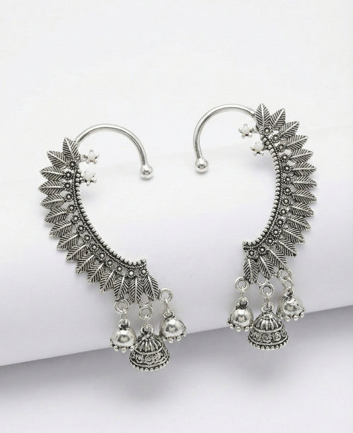 4-in-1 Ethnic Boho Collection: Oxidized Silver Jhumkas, Butterfly Drops & Leaf Ear Cuffs