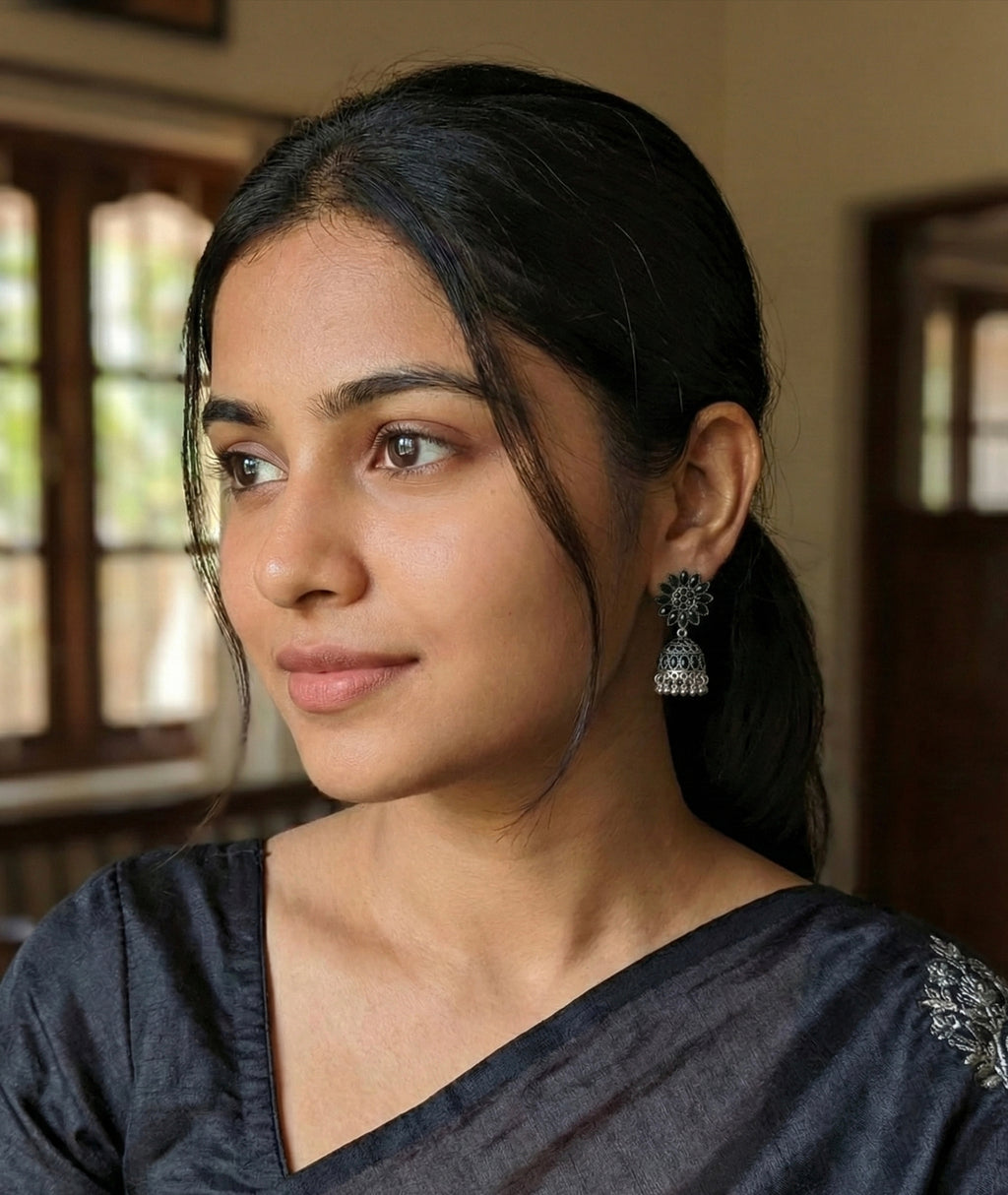 Stylish Black Stone Floral Oxidized Silver Jhumka Earrings
