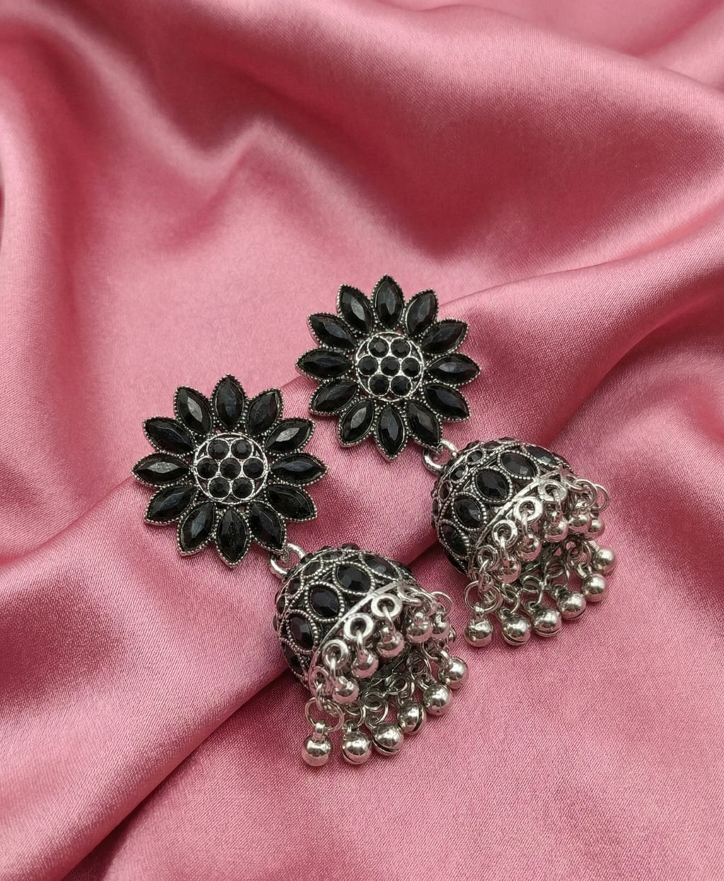 Stylish Black Stone Floral Oxidized Silver Jhumka Earrings