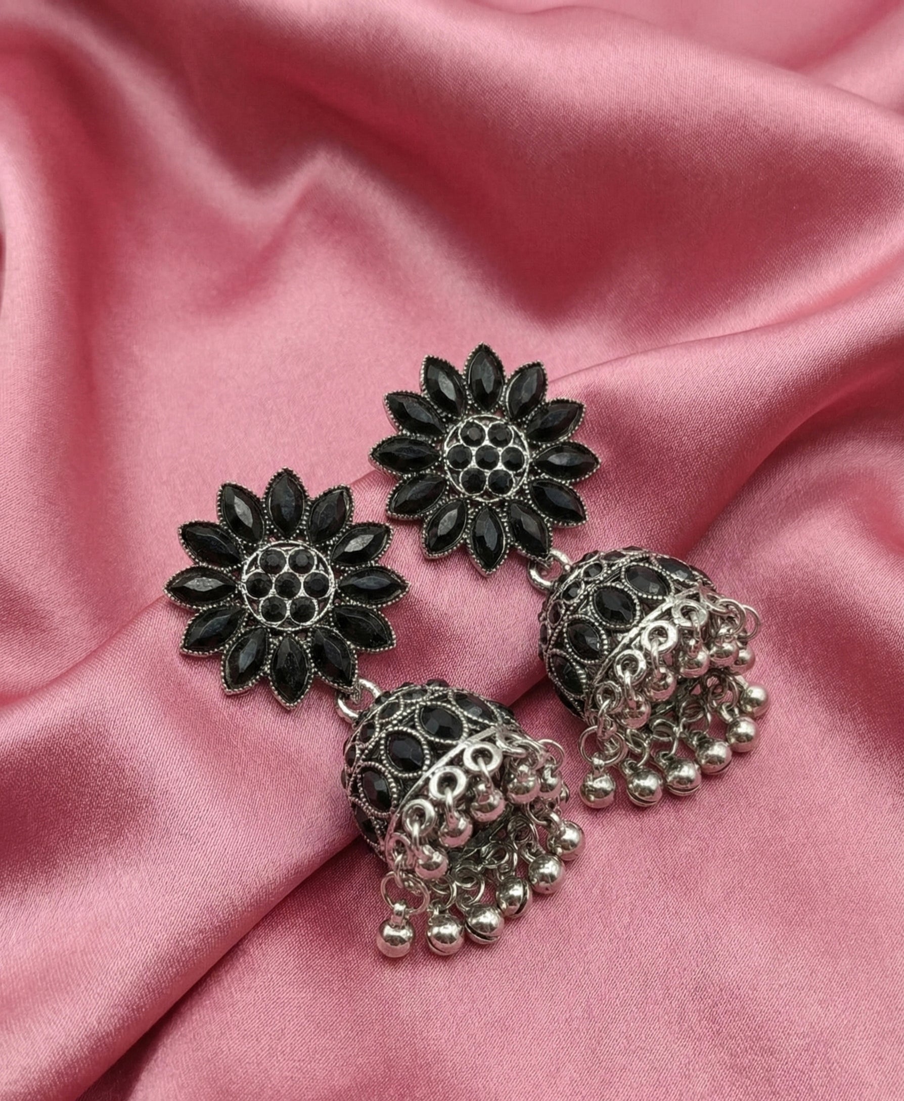 Stylish Black Stone Floral Oxidized Silver Jhumka Earrings