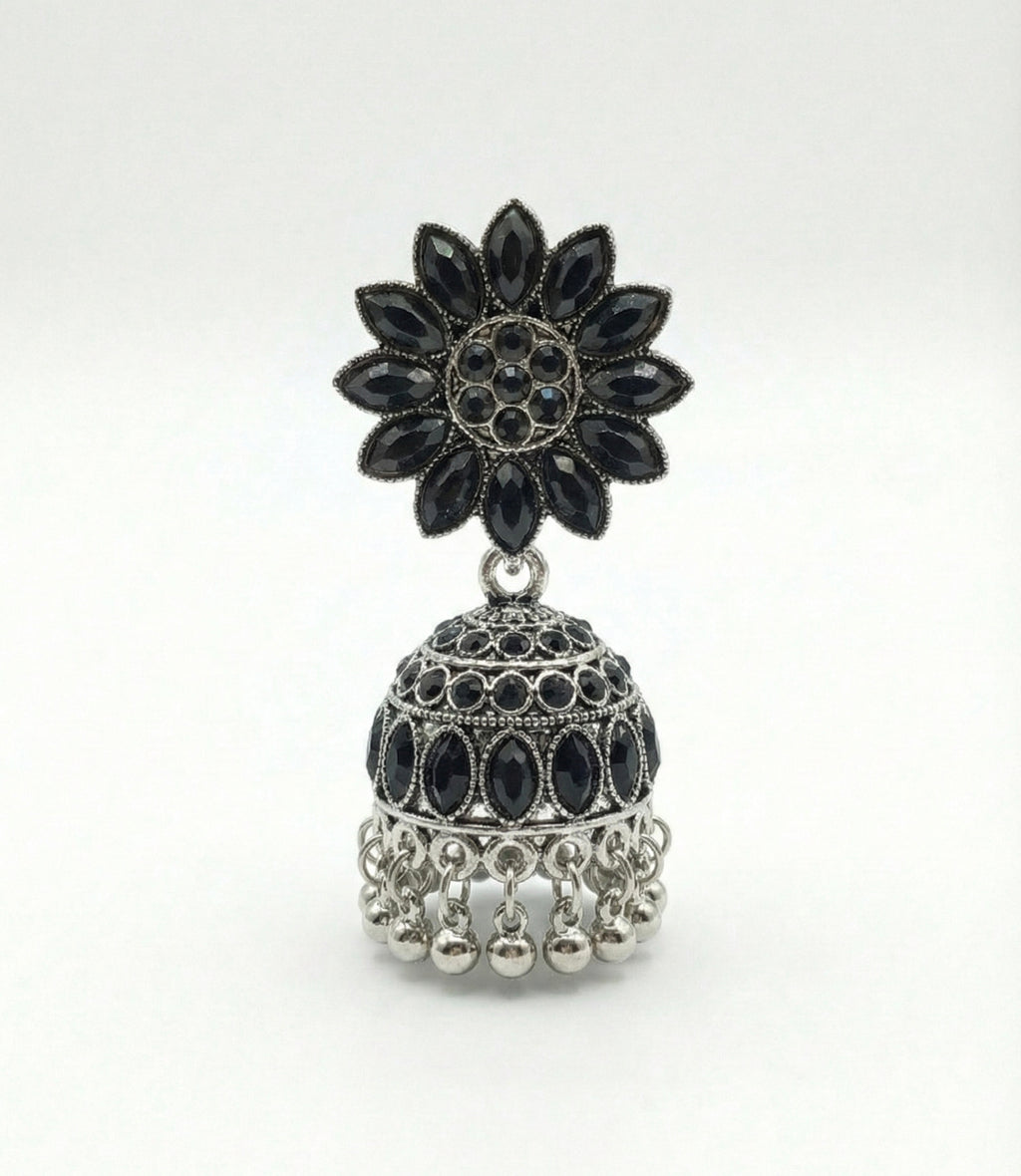 Stylish Black Stone Floral Oxidized Silver Jhumka Earrings