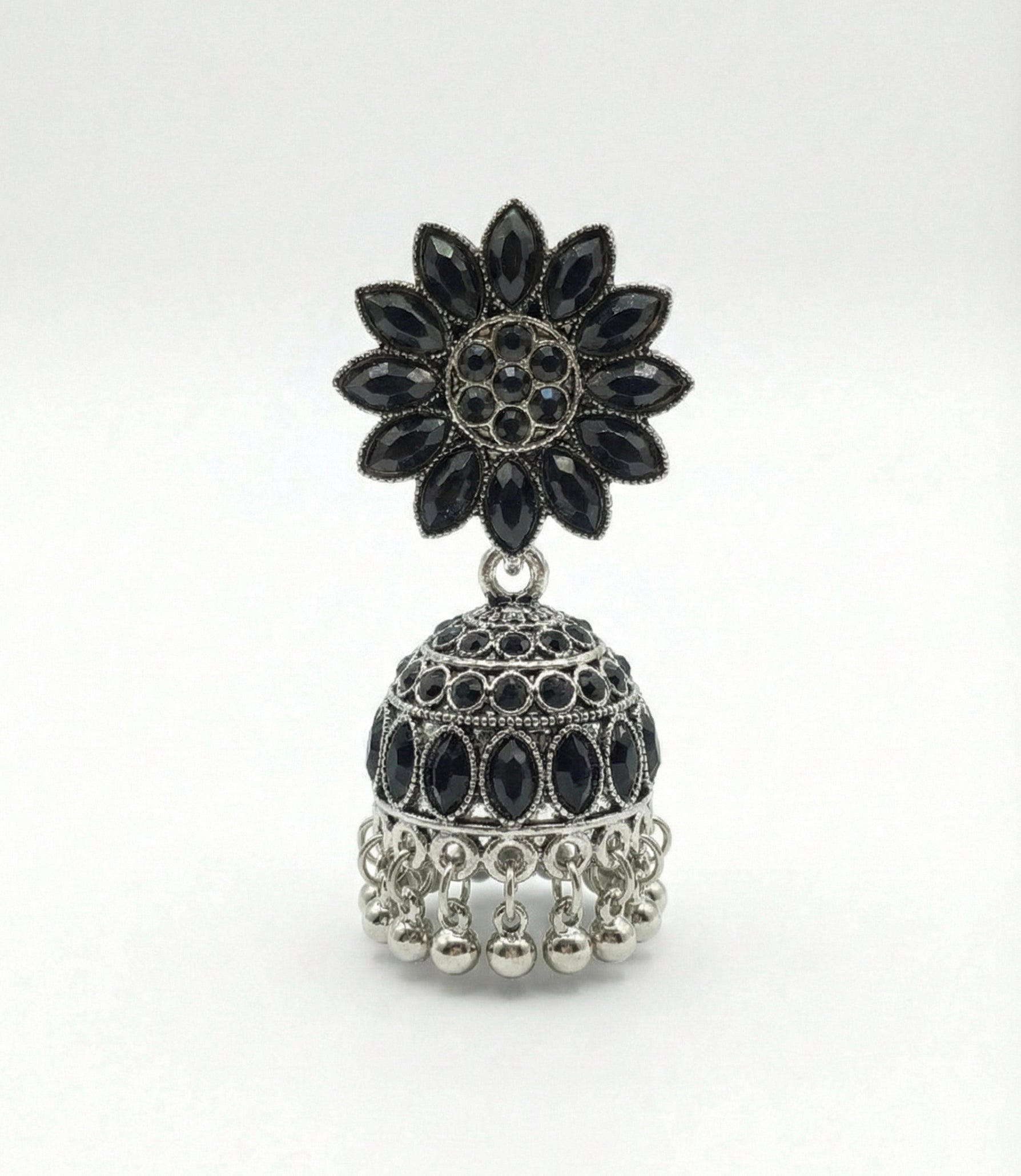 Stylish Black Stone Floral Oxidized Silver Jhumka Earrings
