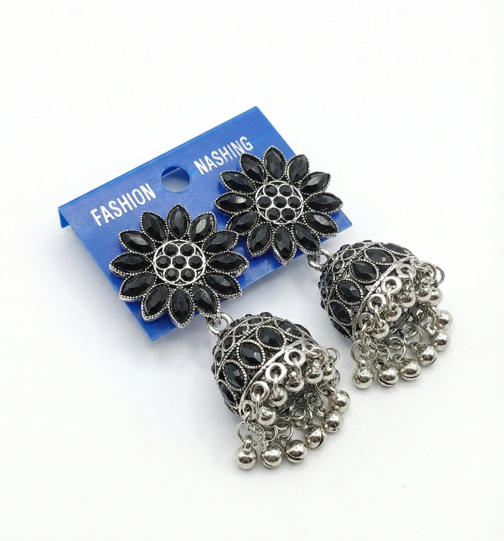 Stylish Black Stone Floral Oxidized Silver Jhumka Earrings