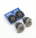 Stylish Black Stone Floral Oxidized Silver Jhumka Earrings