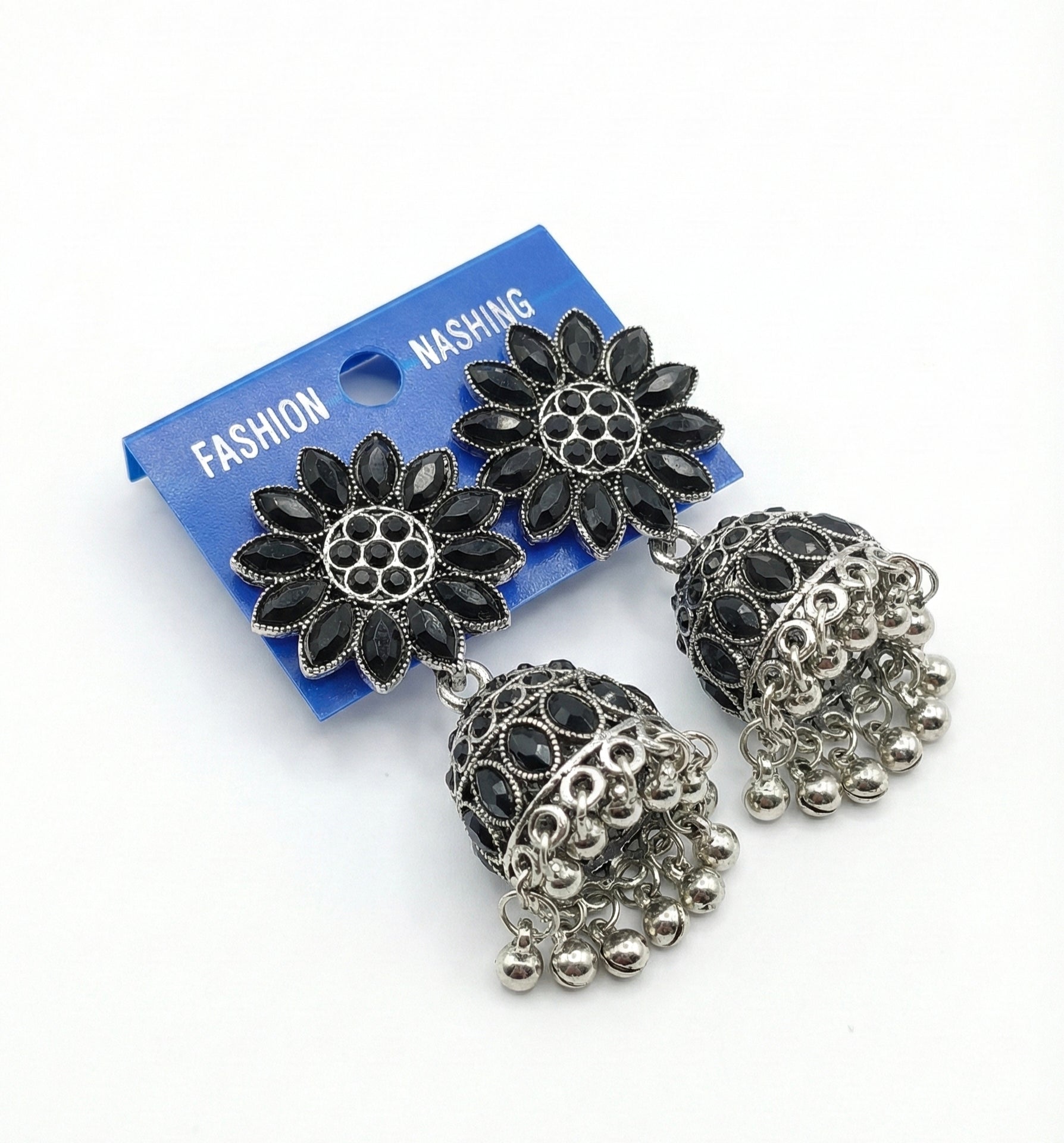 Stylish Black Stone Floral Oxidized Silver Jhumka Earrings