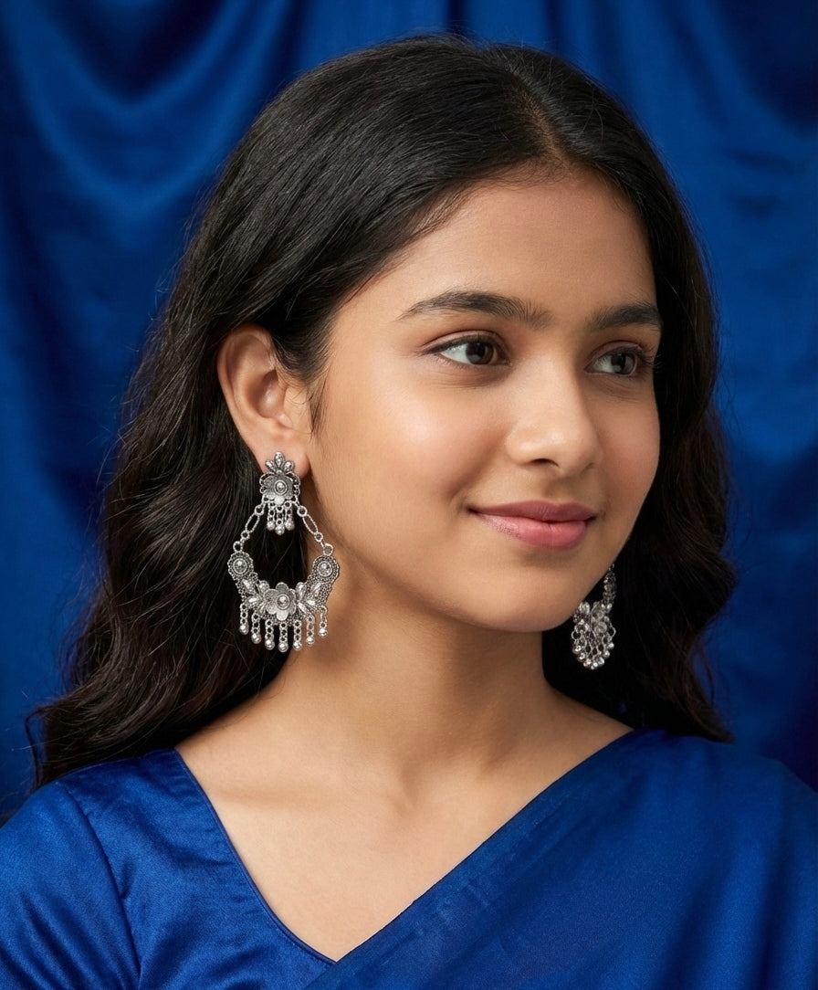 Latest Trendy Oxidized Silver Floral Drop Earrings for Women & Girls | Ethnic Boho Party Wear Jewellery | Stylish Traditional Earrings