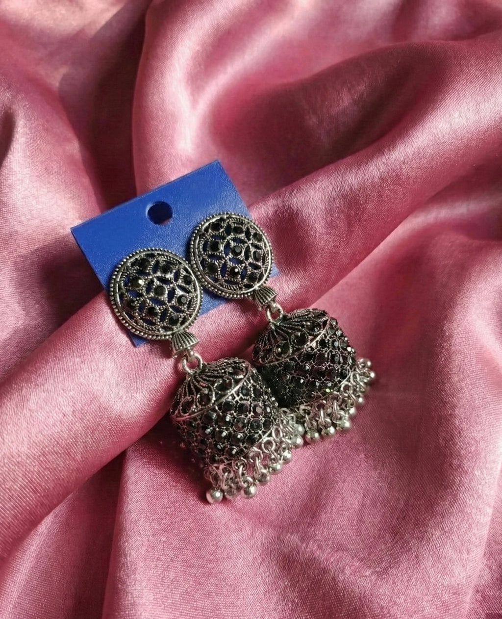 Premium Black Crystal Studded Heavy Look Oxidized Silver Jhumka