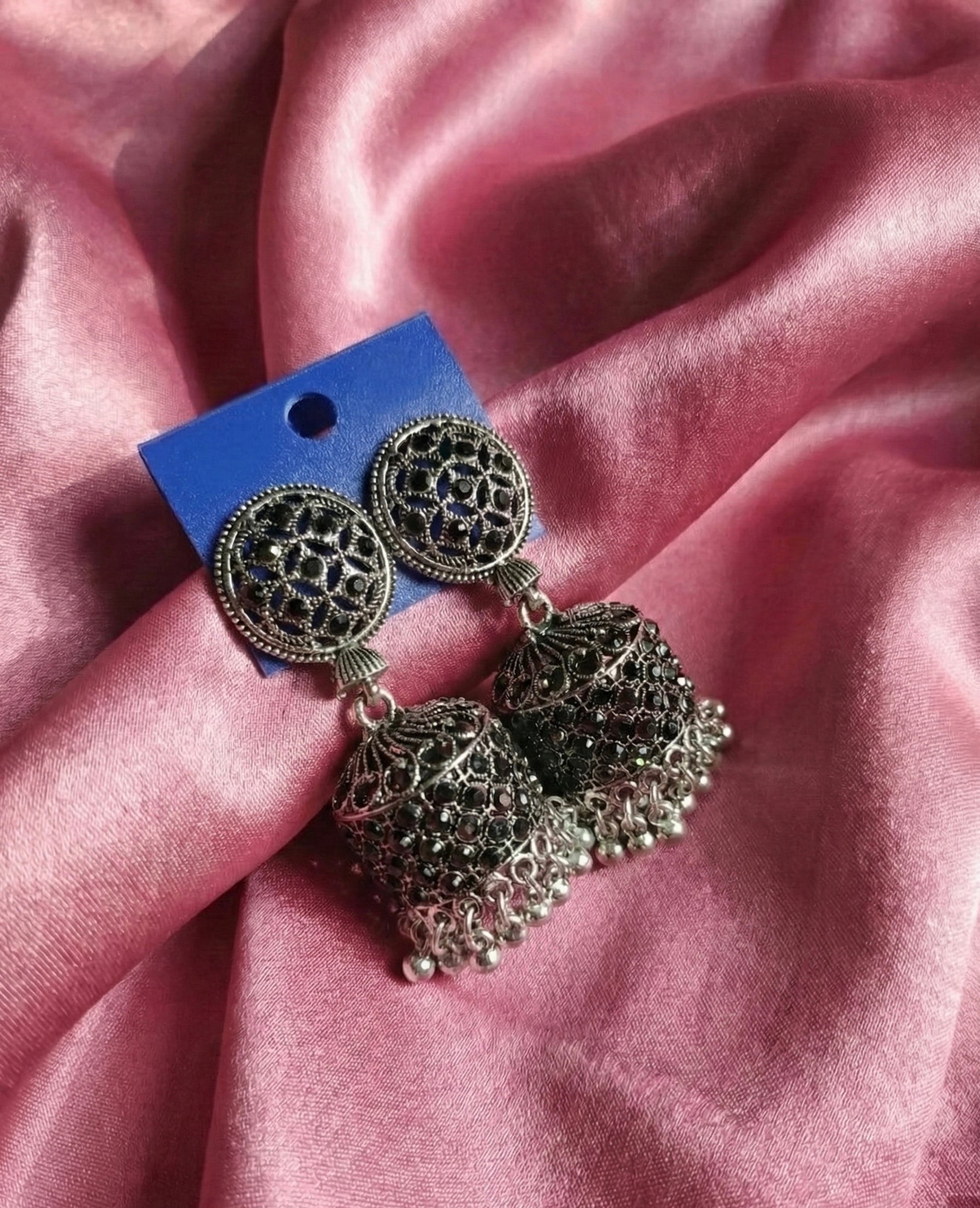 Premium Black Crystal Studded Heavy Look Oxidized Silver Jhumka