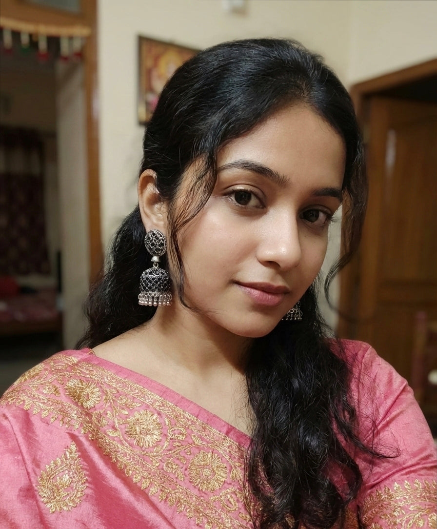 Premium Black Crystal Studded Heavy Look Oxidized Silver Jhumka