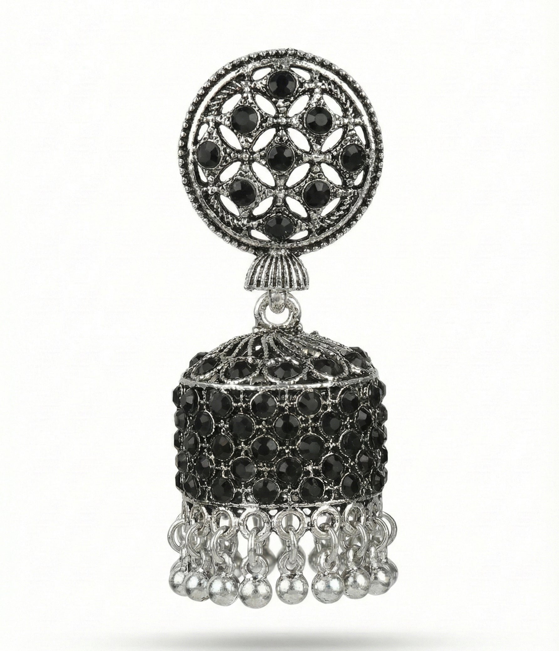 Premium Black Crystal Studded Heavy Look Oxidized Silver Jhumka