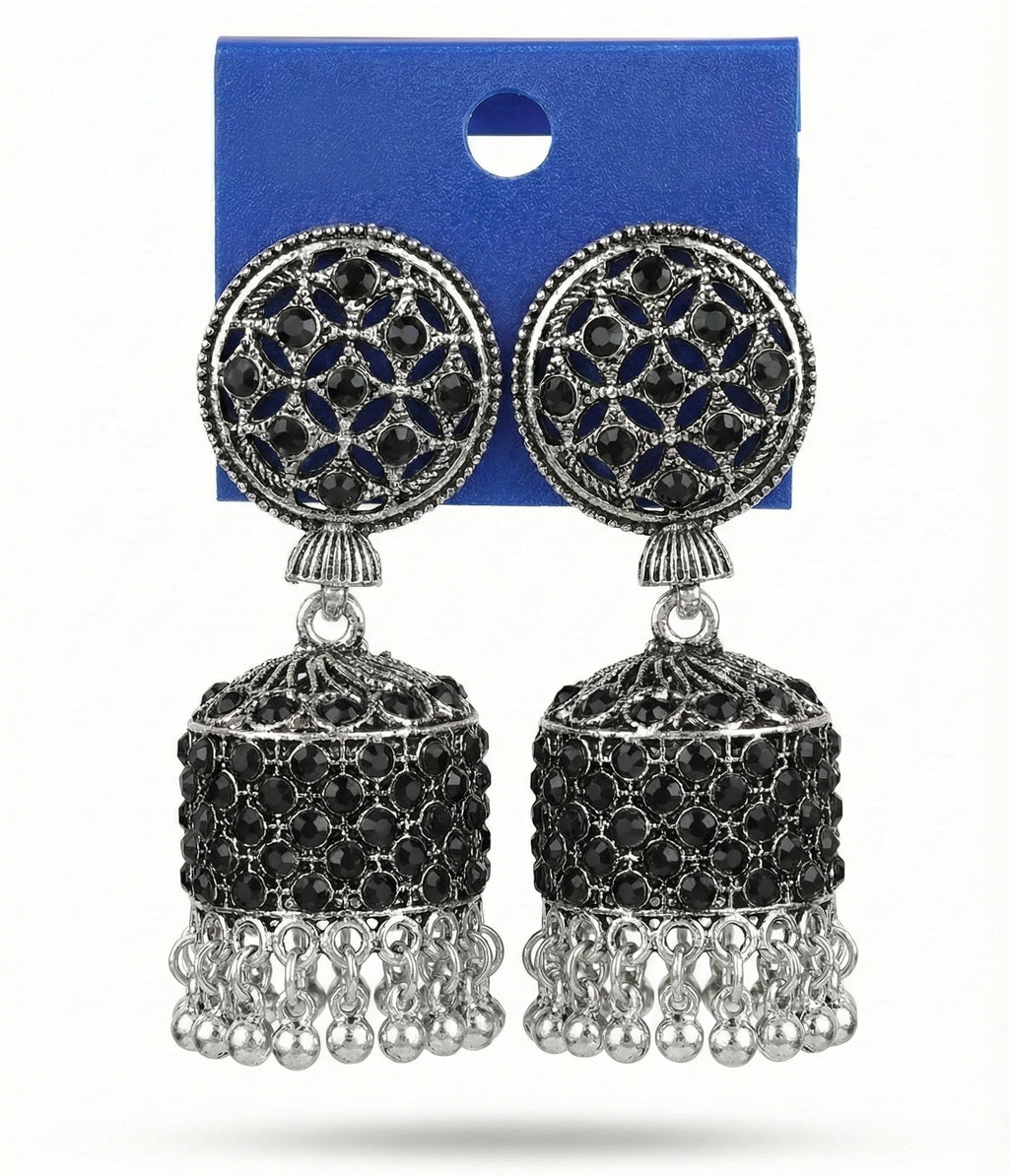 Premium Black Crystal Studded Heavy Look Oxidized Silver Jhumka