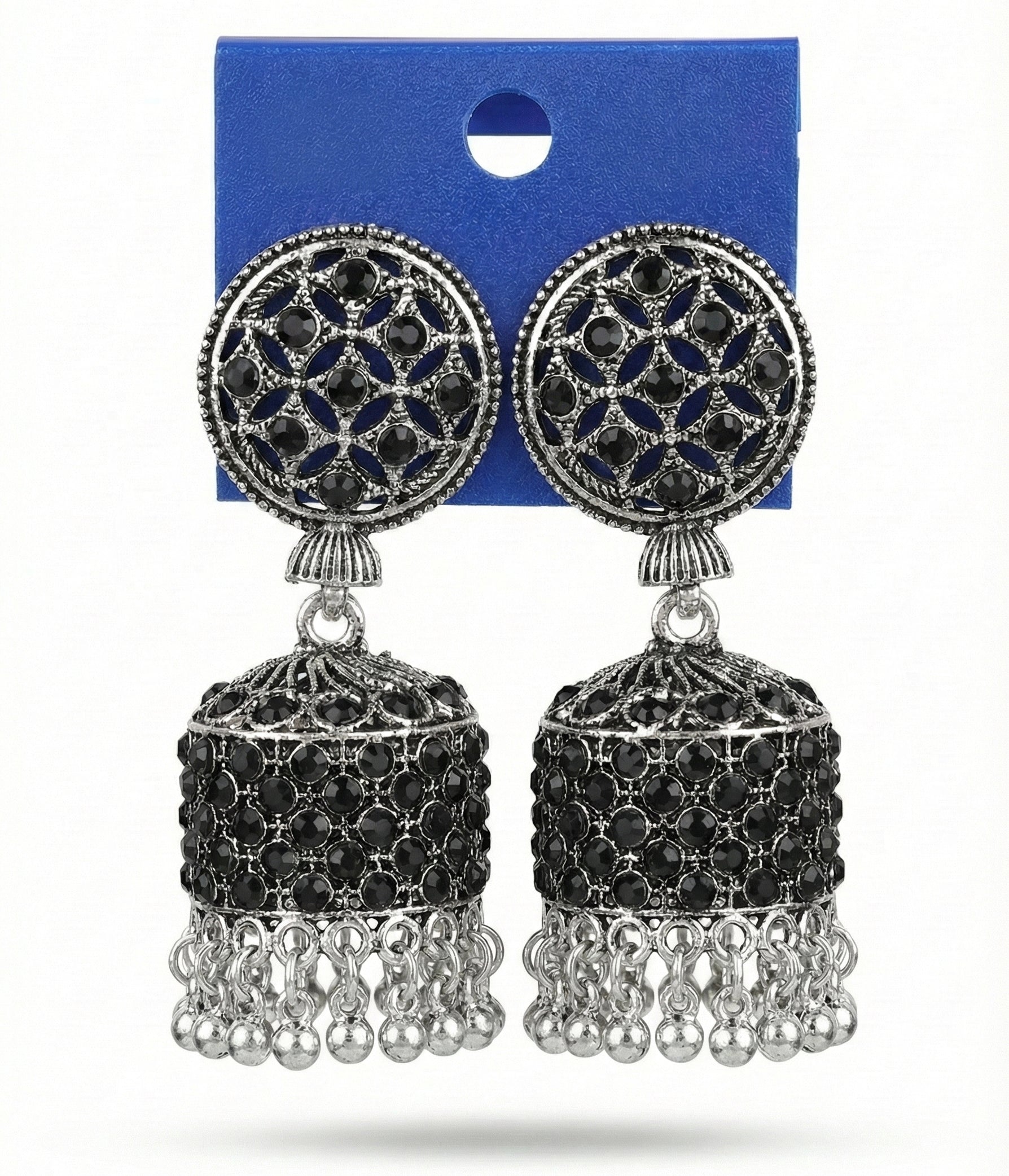 Premium Black Crystal Studded Heavy Look Oxidized Silver Jhumka