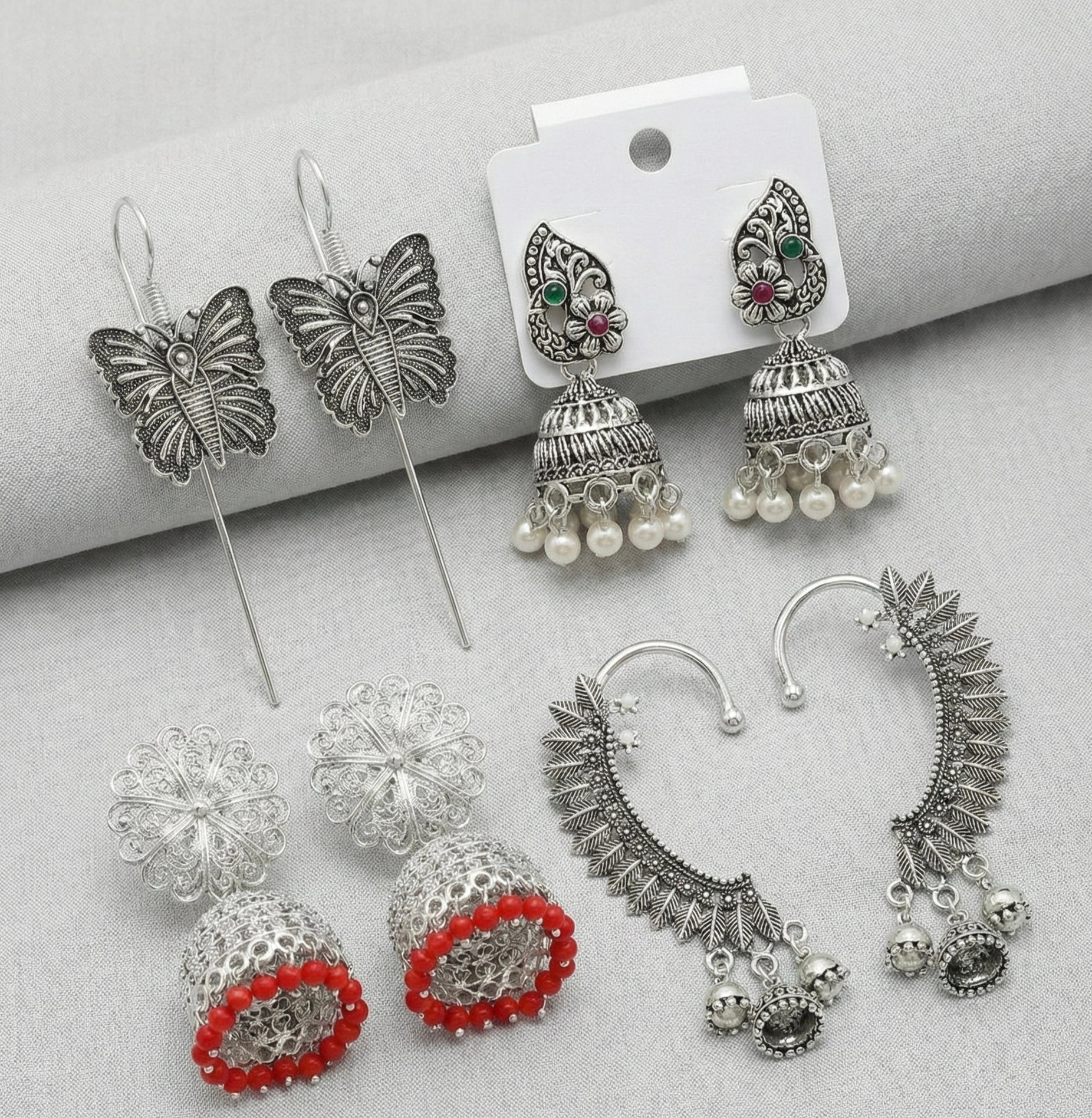 4-in-1 Ethnic Boho Collection: Oxidized Silver Jhumkas, Butterfly Drops & Leaf Ear Cuffs
