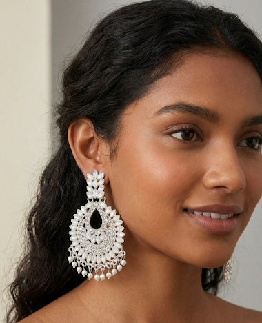 Latest Stylish Silver-Toned White Stone & Pearl Drop Earrings | Traditional Party Wear Chandbali Earrings for Women & Girls