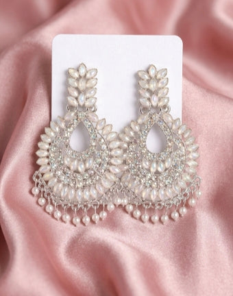 Latest Stylish Silver-Toned White Stone & Pearl Drop Earrings | Traditional Party Wear Chandbali Earrings for Women & Girls