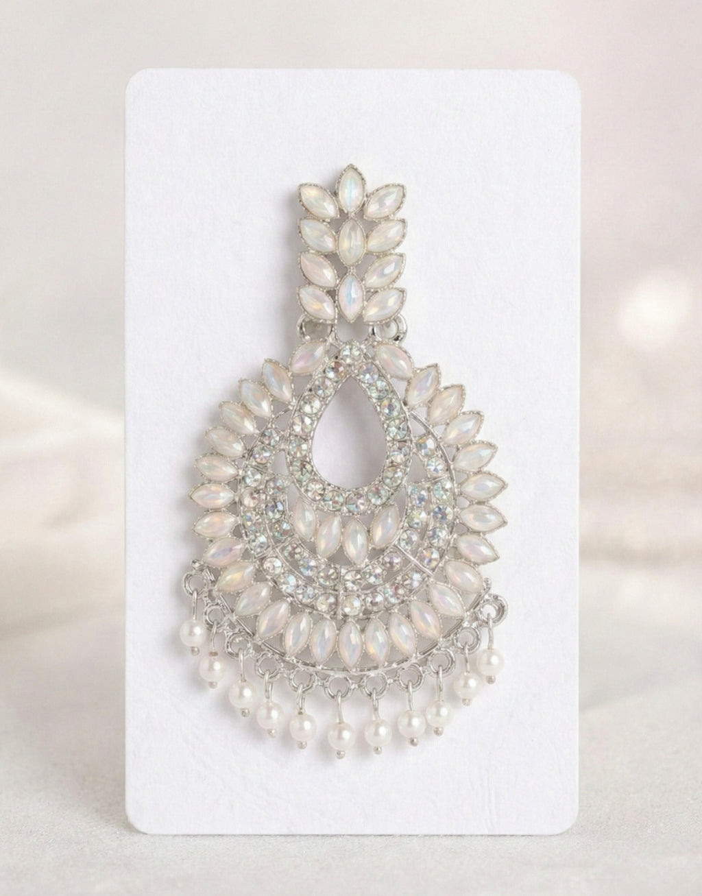 Latest Stylish Silver-Toned White Stone & Pearl Drop Earrings | Traditional Party Wear Chandbali Earrings for Women & Girls