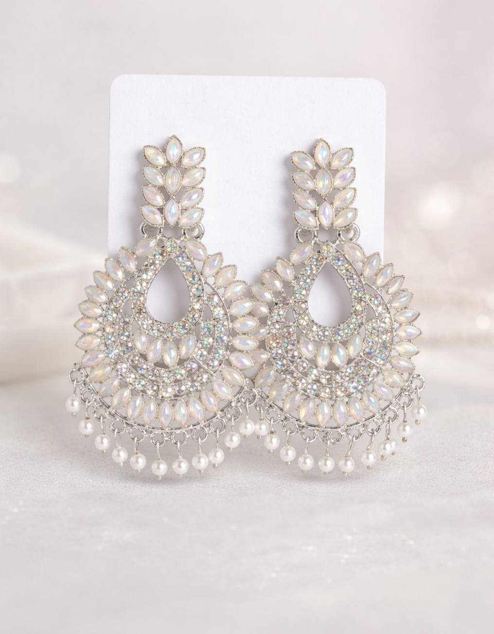 Latest Stylish Silver-Toned White Stone & Pearl Drop Earrings | Traditional Party Wear Chandbali Earrings for Women & Girls