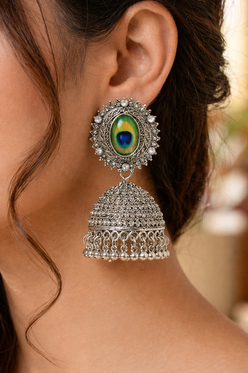 Premium Oxidized Silver Peacock Jhumka Earrings for Women and Girls - Traditional Mor Pankh Ethnic Jewellery