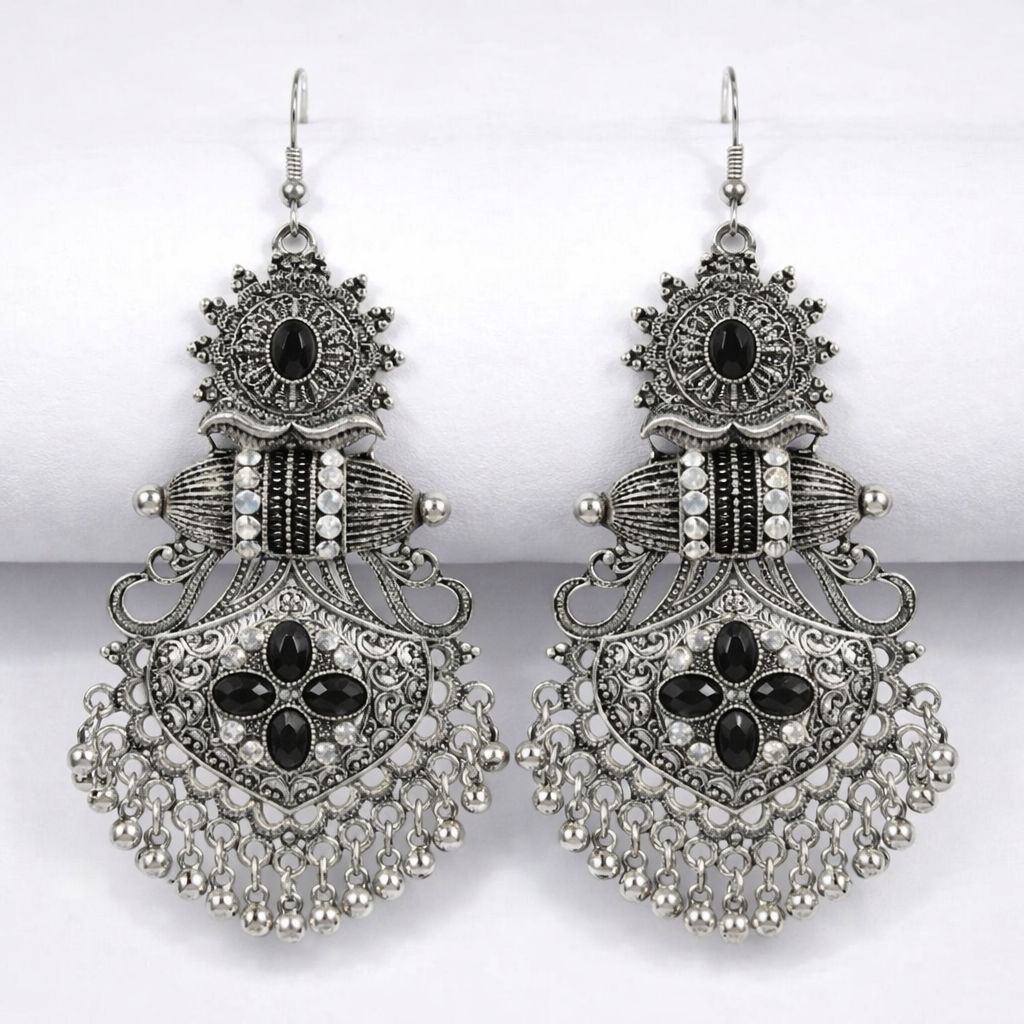 Traditional Oxidized Silver Black Stone Dangler Earrings | Ethnic Party Wear Chandbali Jhumka for Women & Girls