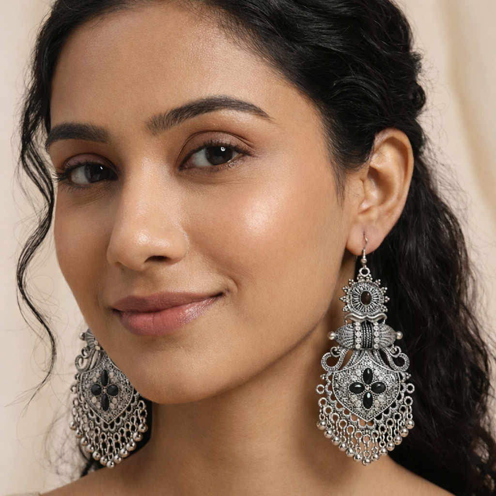 Traditional Oxidized Silver Black Stone Dangler Earrings | Ethnic Party Wear Chandbali Jhumka for Women & Girls