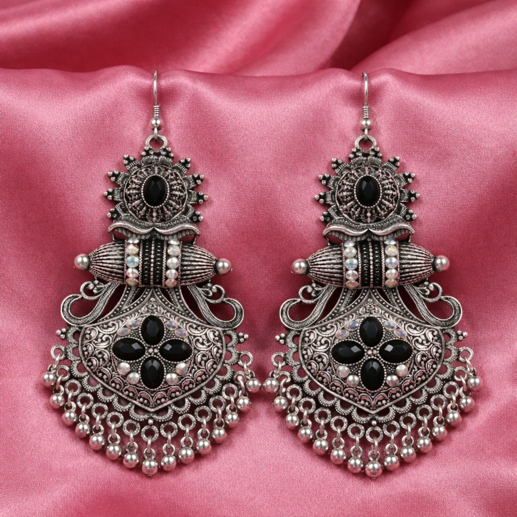 Traditional Oxidized Silver Black Stone Dangler Earrings | Ethnic Party Wear Chandbali Jhumka for Women & Girls