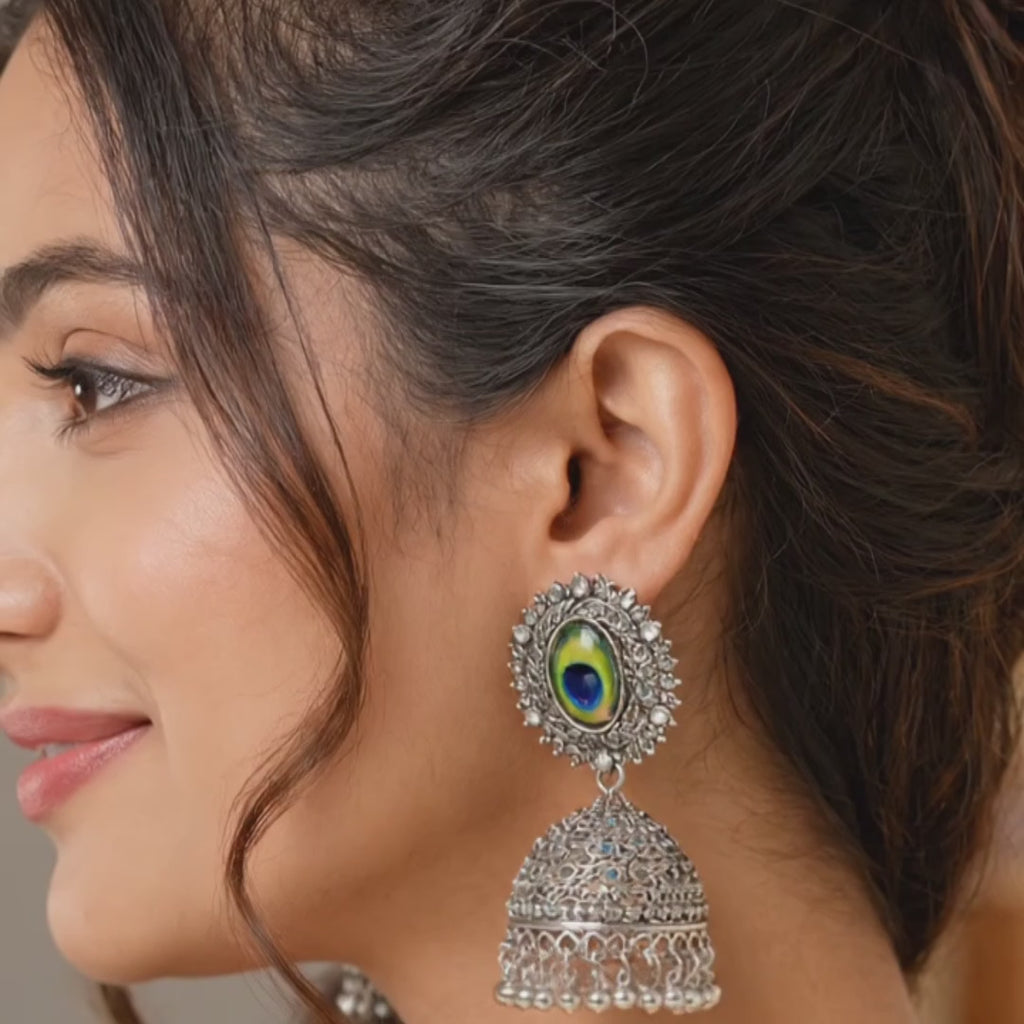 Premium Oxidized Silver Peacock Jhumka Earrings for Women and Girls - Traditional Mor Pankh Ethnic Jewellery